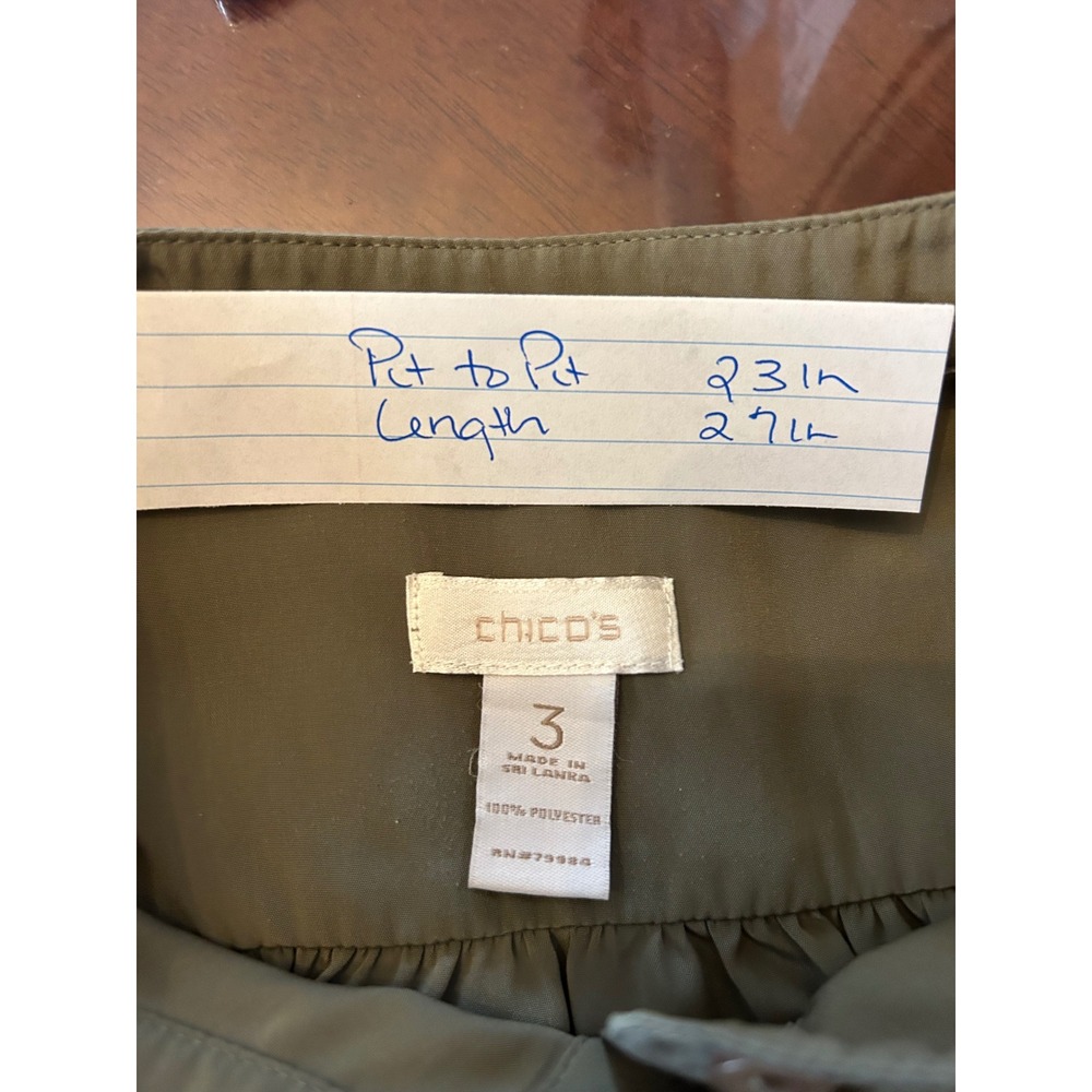 Chicos Olive Green Utility Blouse Size 3 XL 3/4 Sleeve Peplum Hem Pullover Top - Picture 3 of 6